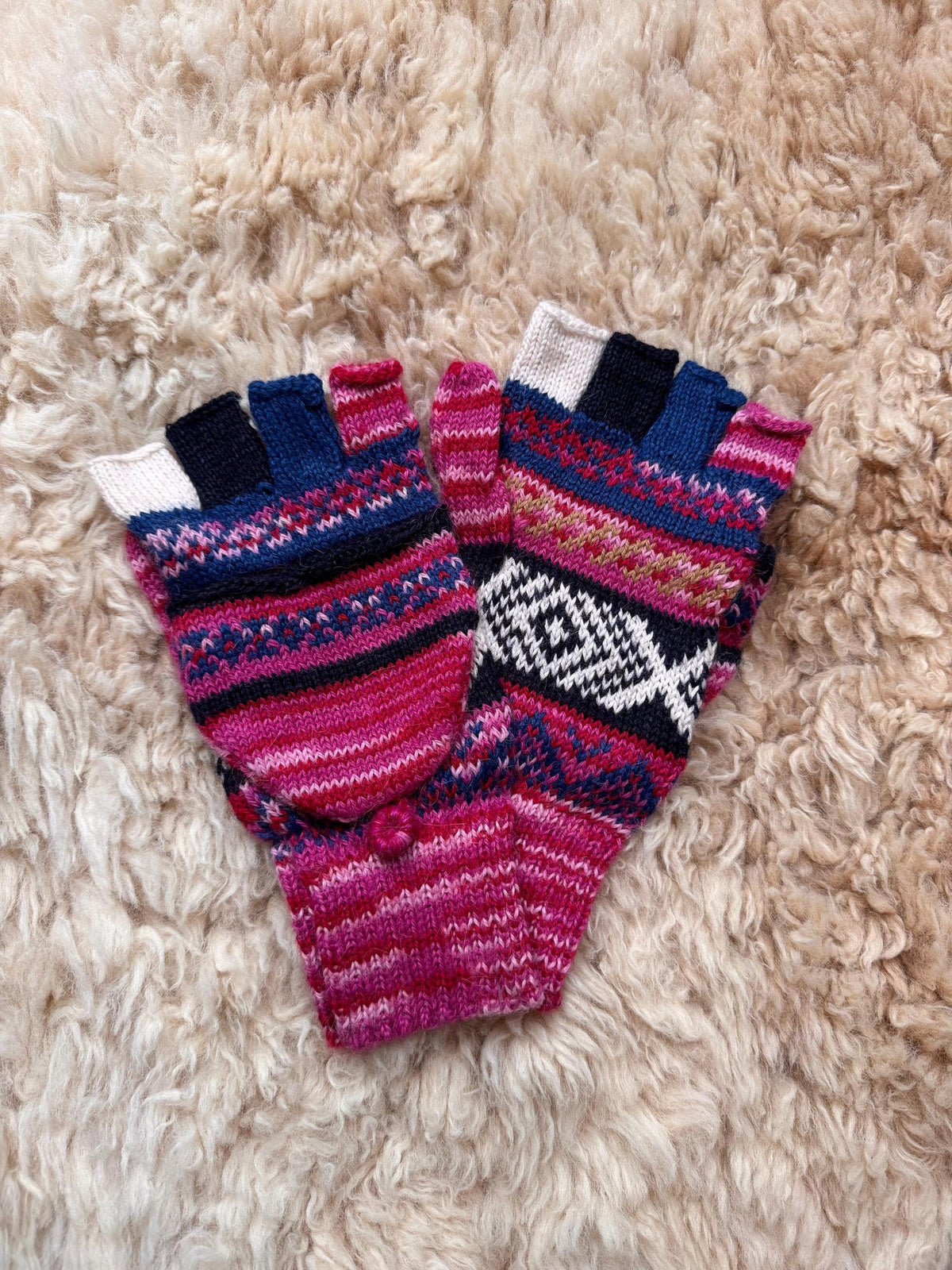 Red & Denim Fair Isle Convertible Alpaca Mittens, photo 6