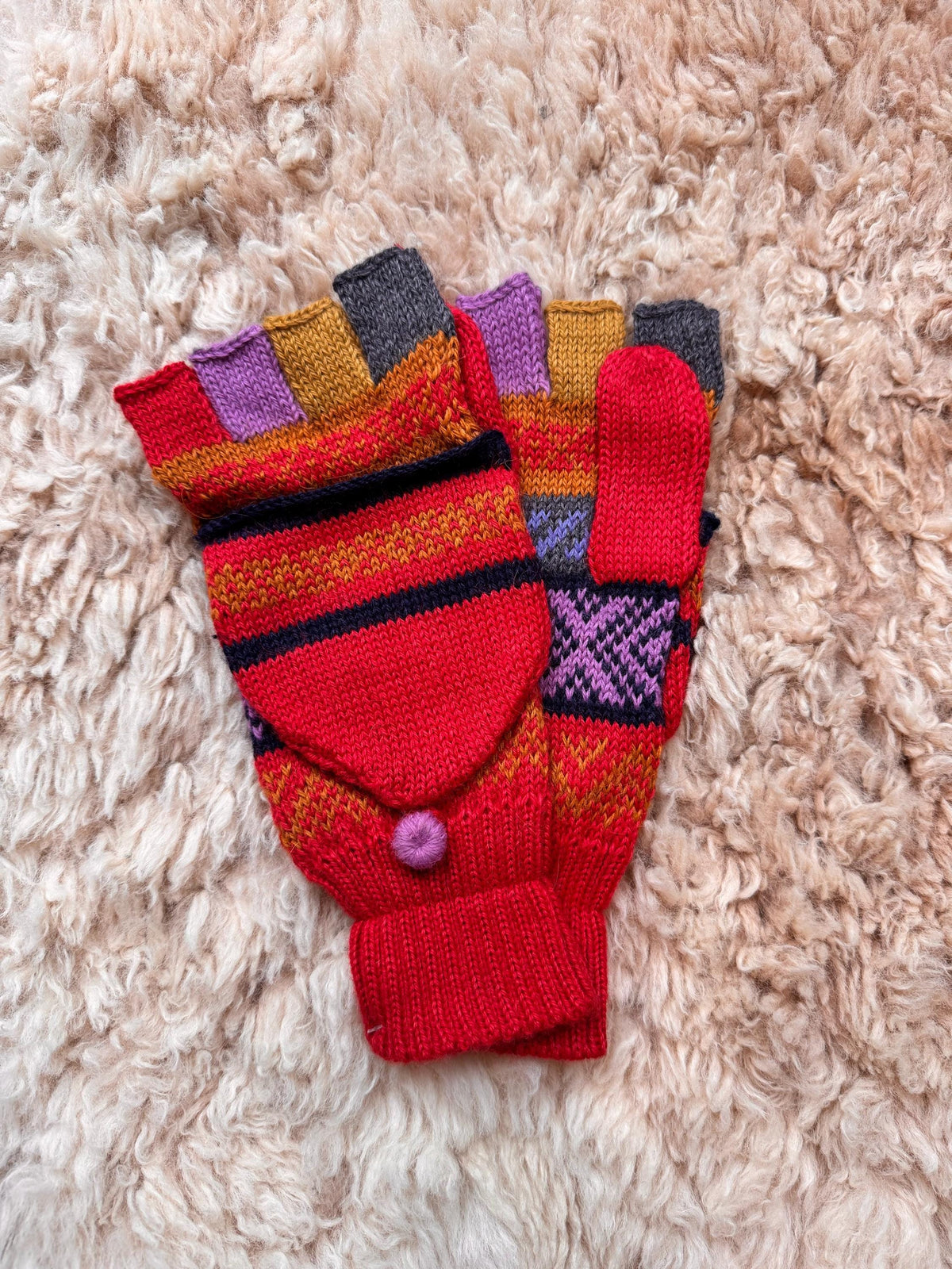 Red & Denim Fair Isle Convertible Alpaca Mittens