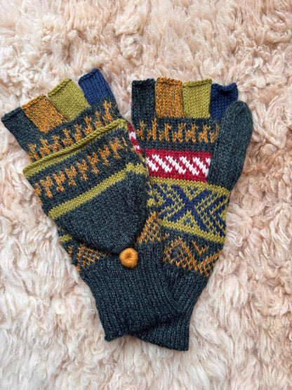 Jewel & Earth Tone Fair Isle Convertible Alpaca Mittens