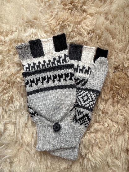Sky Blue & Natural Marl Fair Isle Convertible Alpaca Mittens, photo 3
