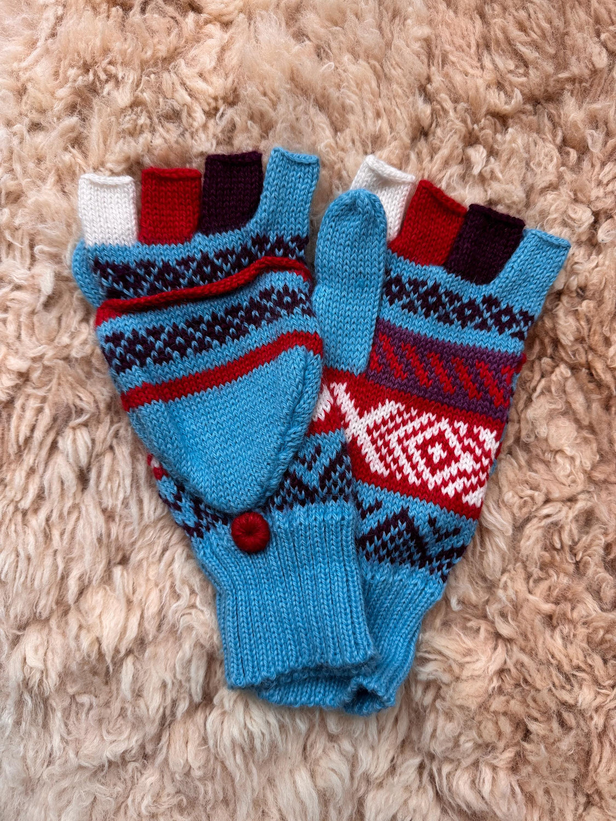 Sky Blue & Natural Marl Fair Isle Convertible Alpaca Mittens