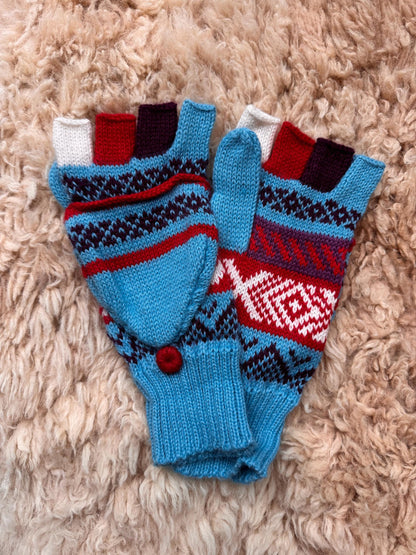 Sky Blue & Natural Marl Fair Isle Convertible Alpaca Mittens