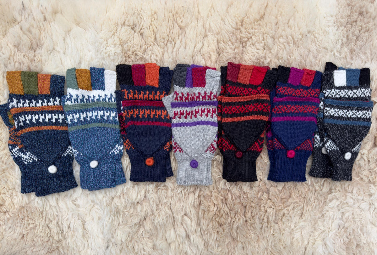 Navy & Blue Llama Half-Thumb Convertible Alpaca Mittens, photo 2