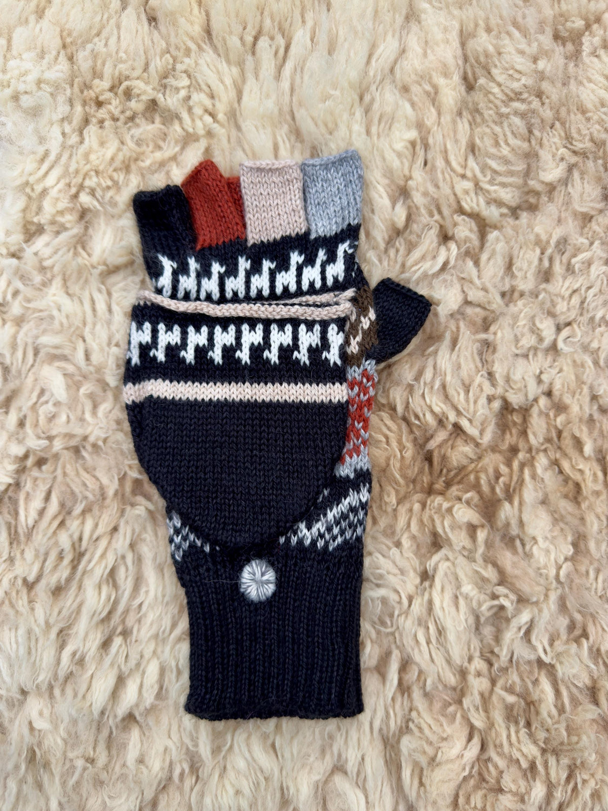 Purple & Olive Llama Half-Thumb Convertible Alpaca Mittens, photo 6