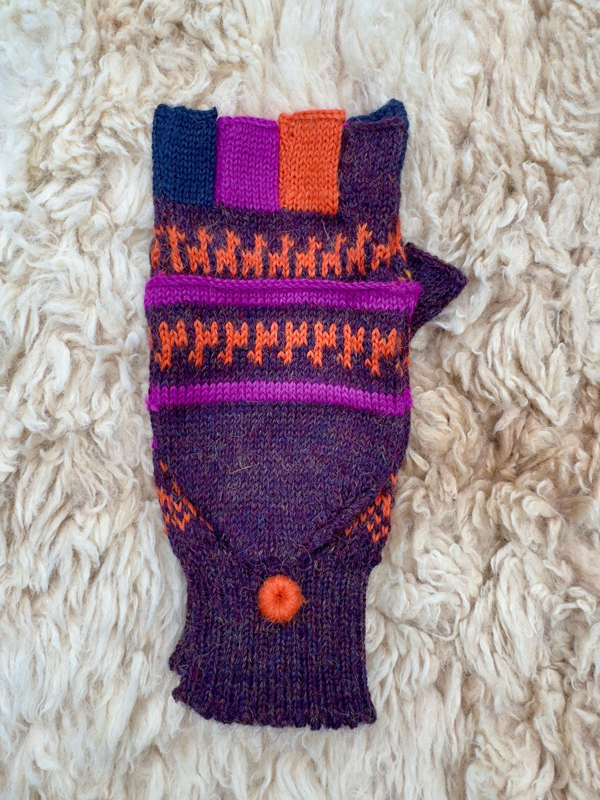 Purple & Olive Llama Half-Thumb Convertible Alpaca Mittens
