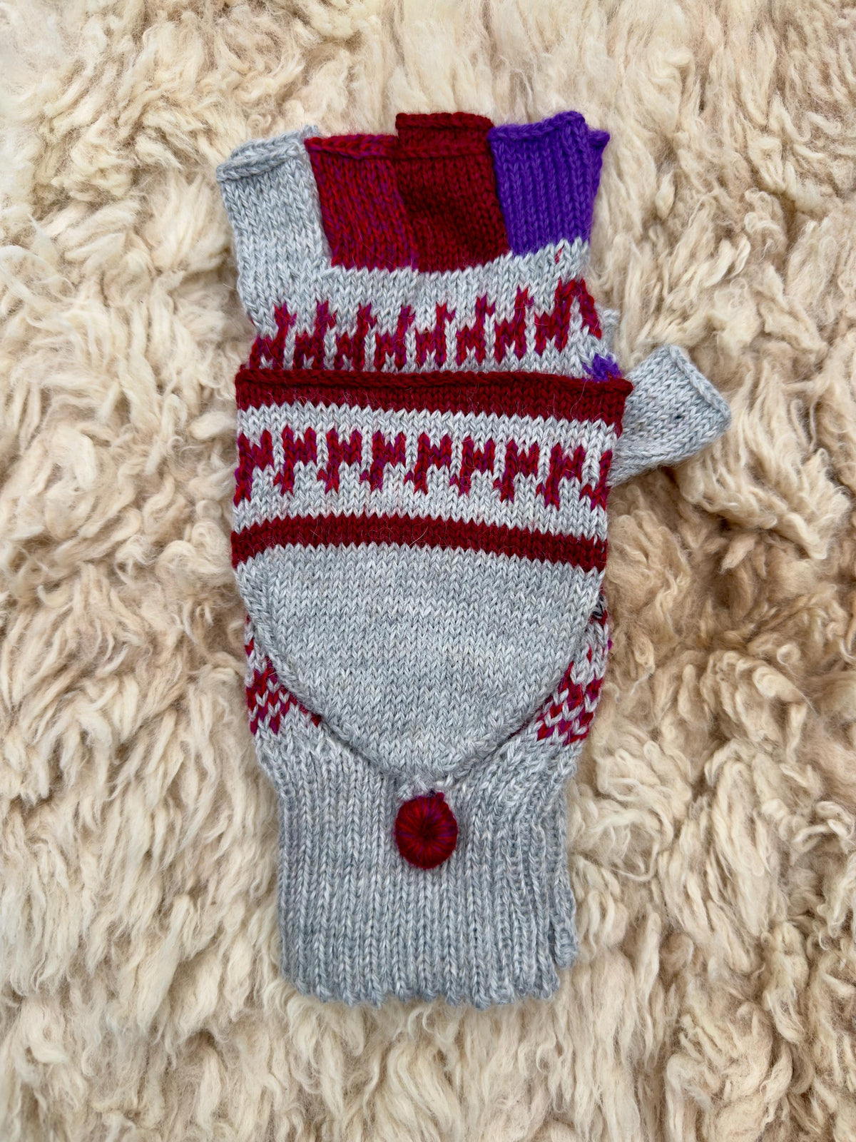 Purple & Olive Llama Half-Thumb Convertible Alpaca Mittens, photo 3
