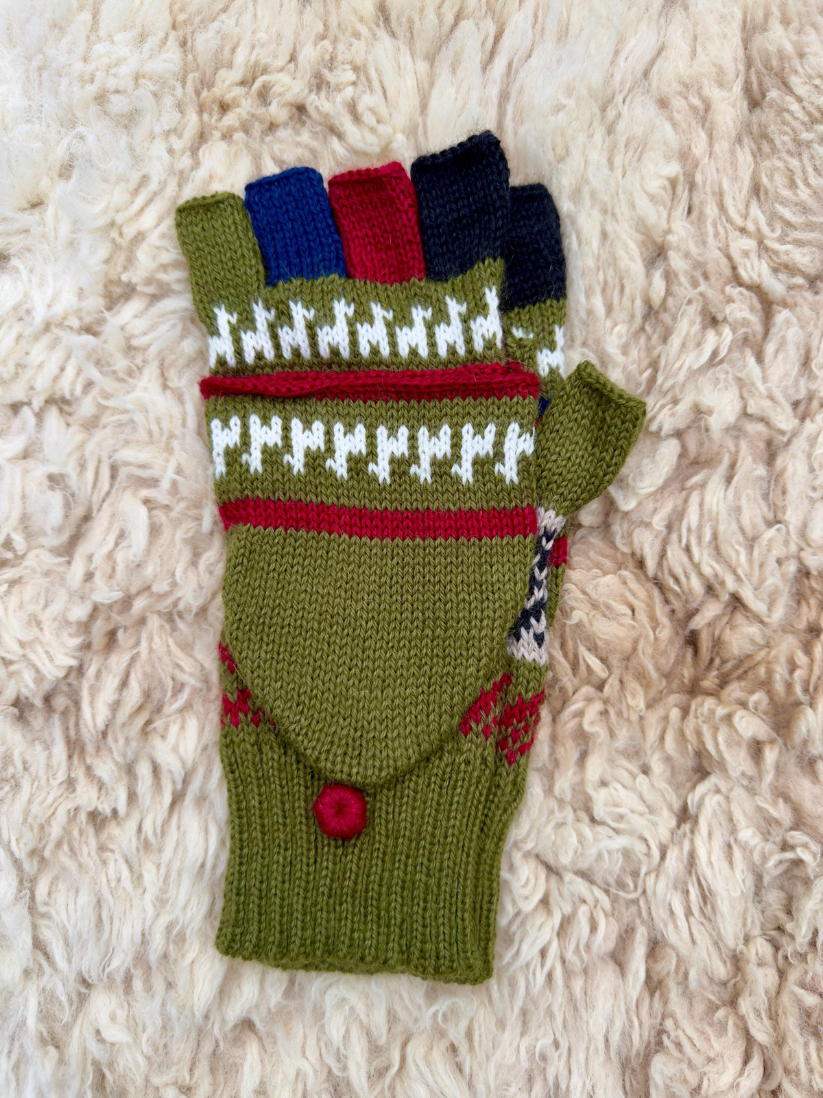 Purple & Olive Llama Half-Thumb Convertible Alpaca Mittens, photo 4