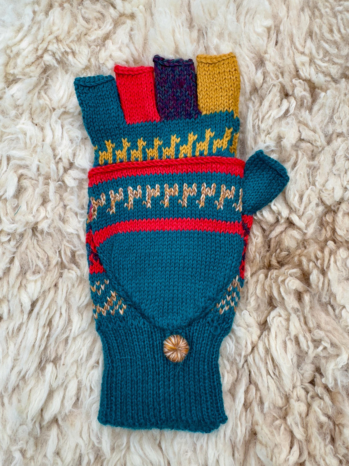 Teal & Neutrals Llama Half-Thumb Convertible Alpaca Mittens