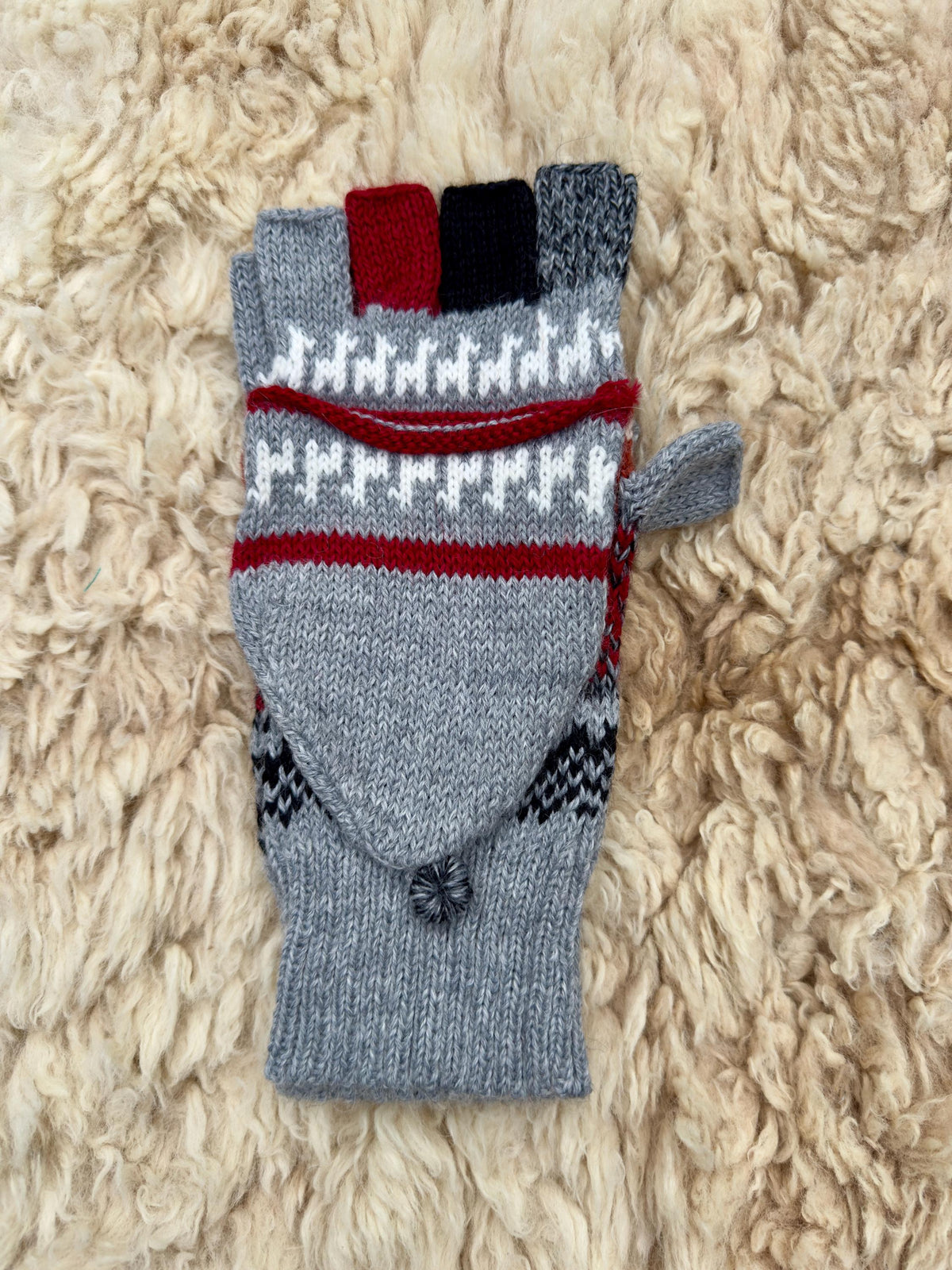 Teal & Neutrals Llama Half-Thumb Convertible Alpaca Mittens, photo 6
