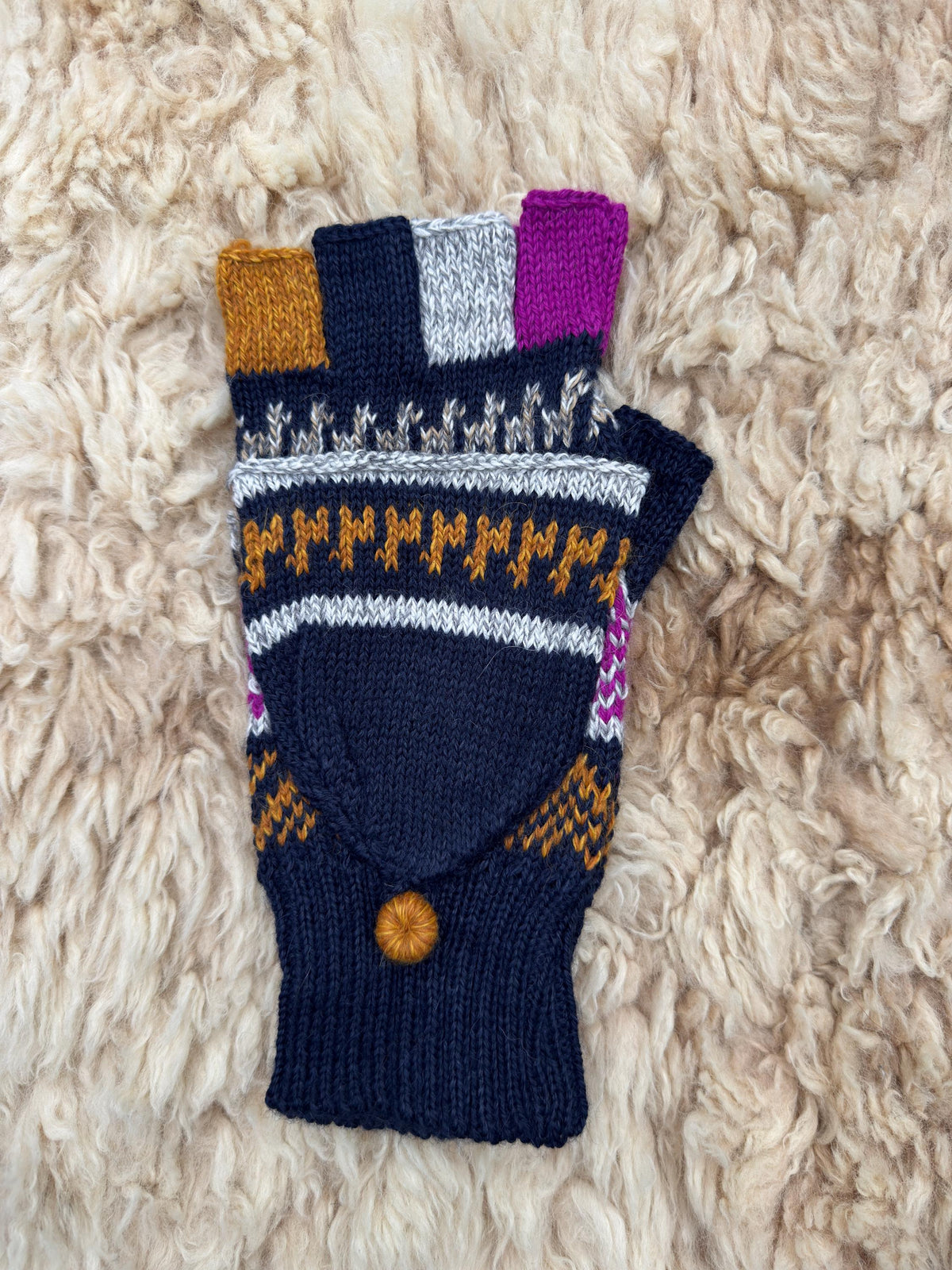 Purple & Olive Llama Half-Thumb Convertible Alpaca Mittens, photo 7