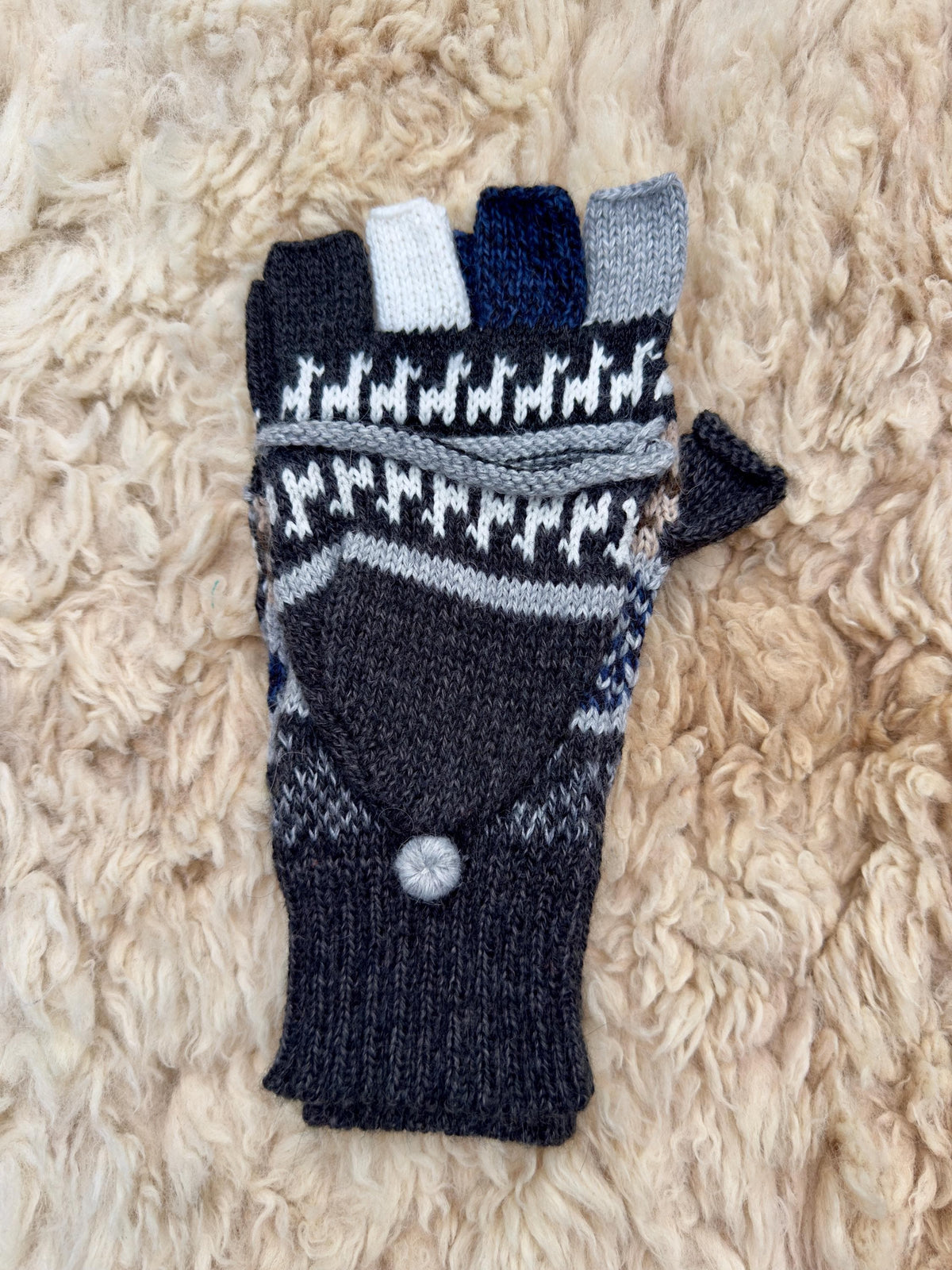 Teal & Neutrals Llama Half-Thumb Convertible Alpaca Mittens, photo 4
