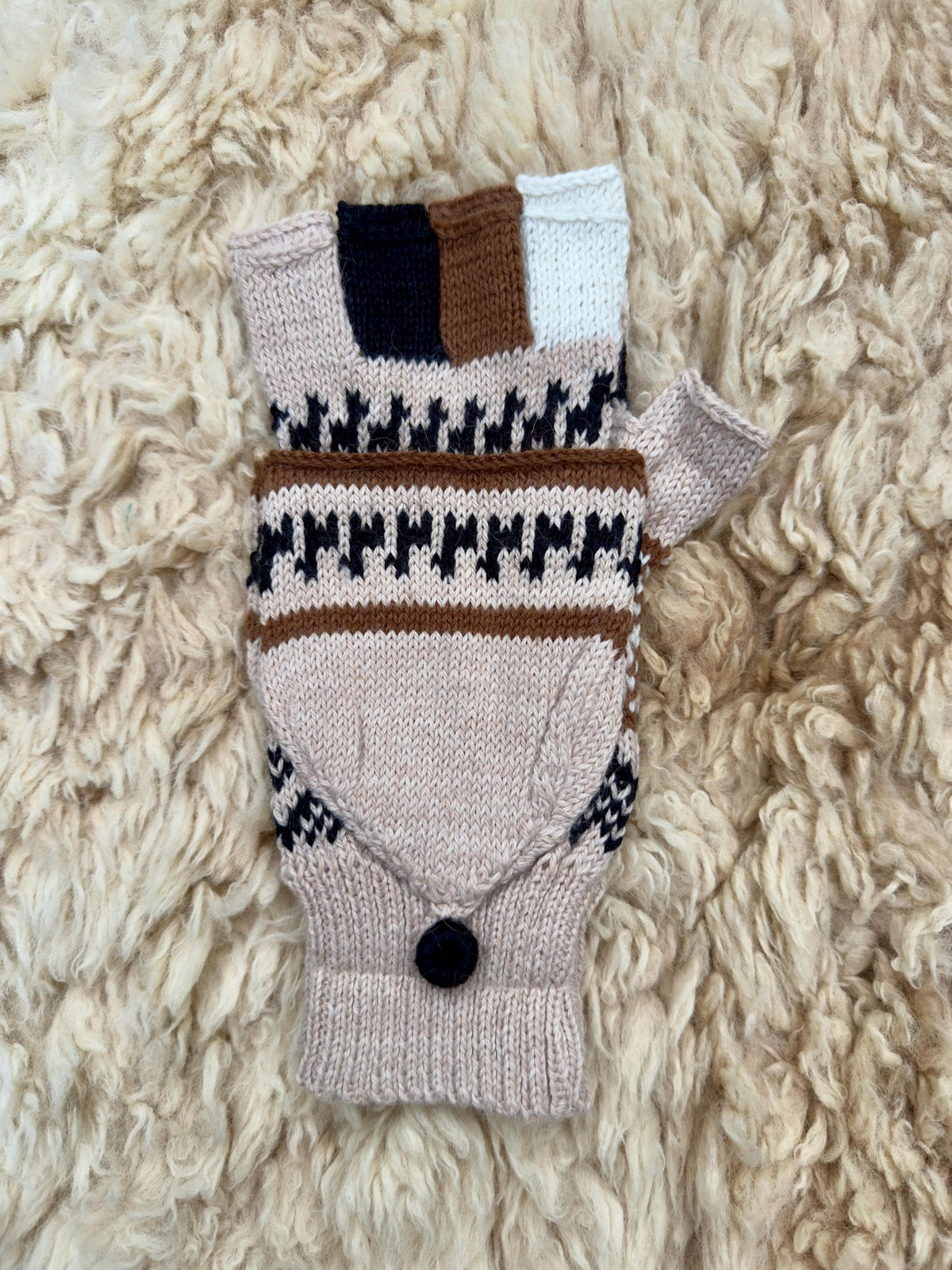 Teal & Neutrals Llama Half-Thumb Convertible Alpaca Mittens, photo 5