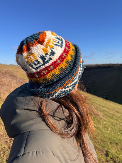Sparkly Petrol Blue Fair Isle Alpaca Slouch Beanie, photo 3