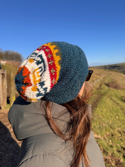 Sparkly Petrol Blue Fair Isle Alpaca Slouch Beanie, photo 2