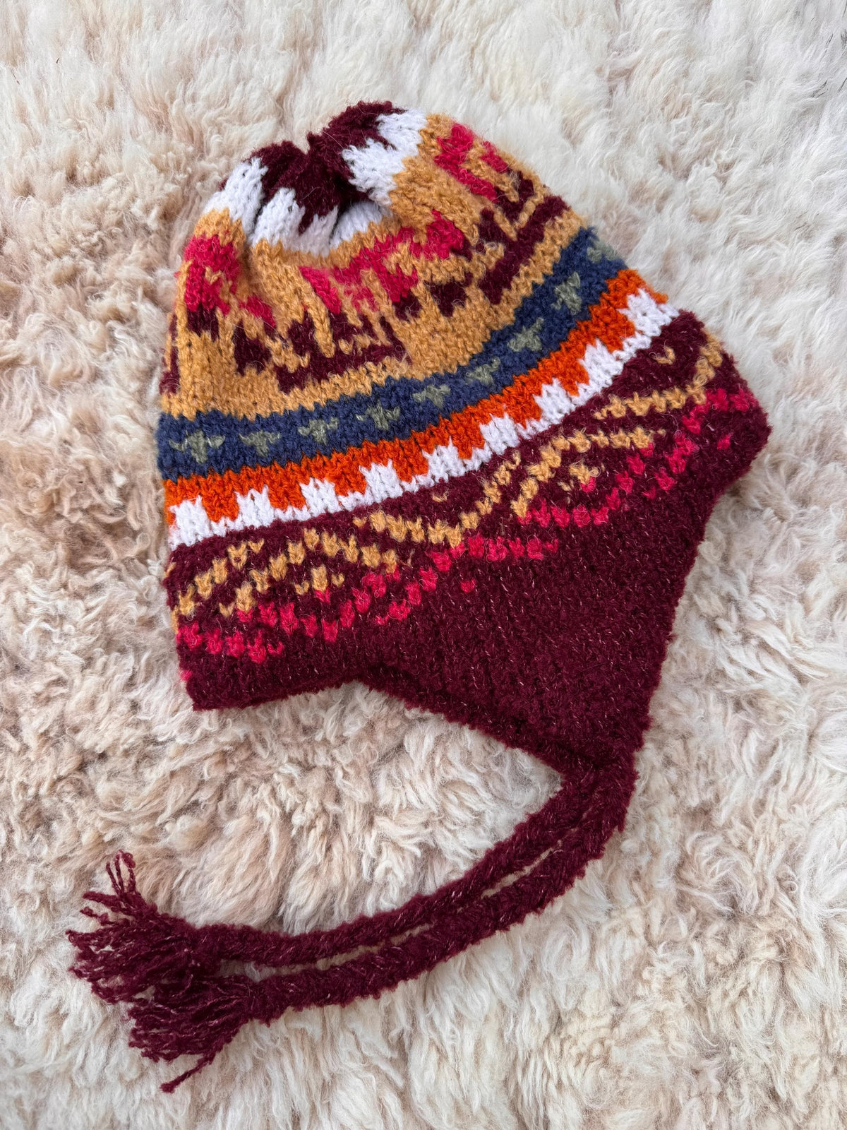 Burgundy Peruvian Alpaca Chullo Hat with Ear Flaps