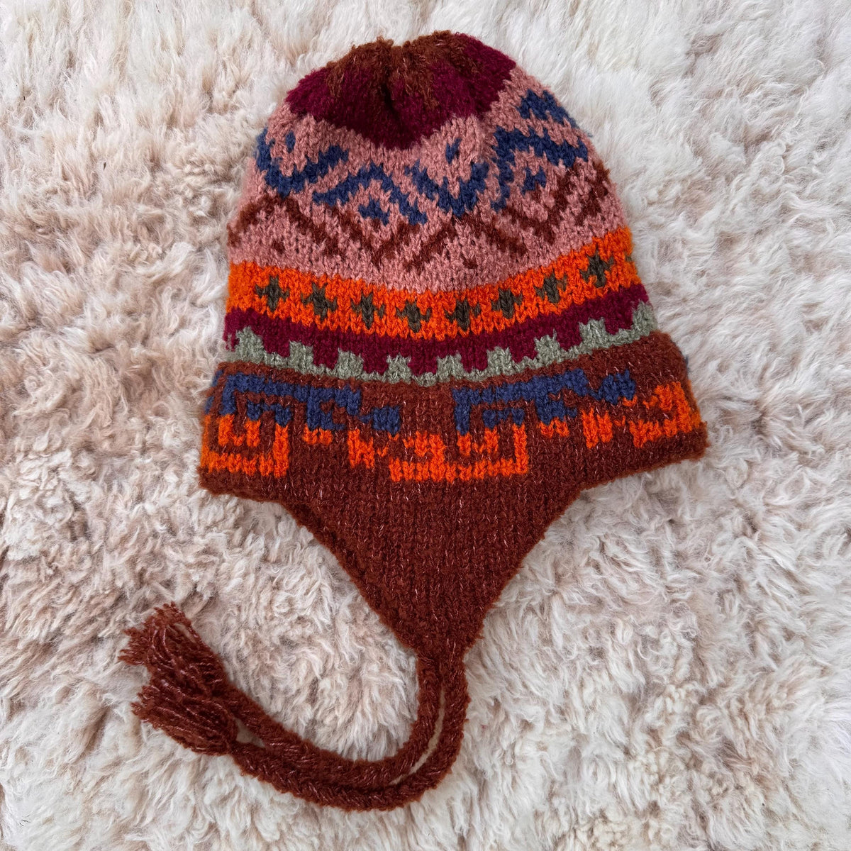 Rust Brown Peruvian Alpaca Chullo Hat with Ear Flaps