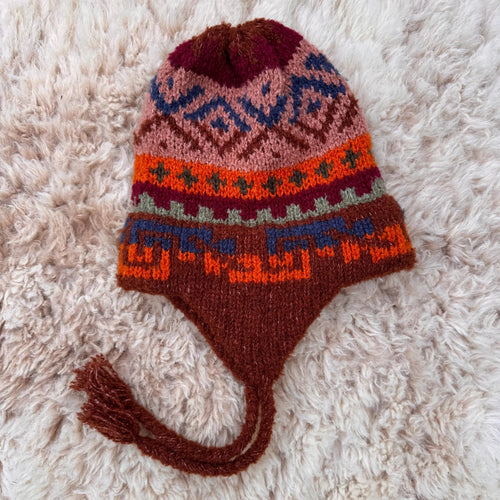 Rust Brown Peruvian Alpaca Chullo Hat with Ear Flaps