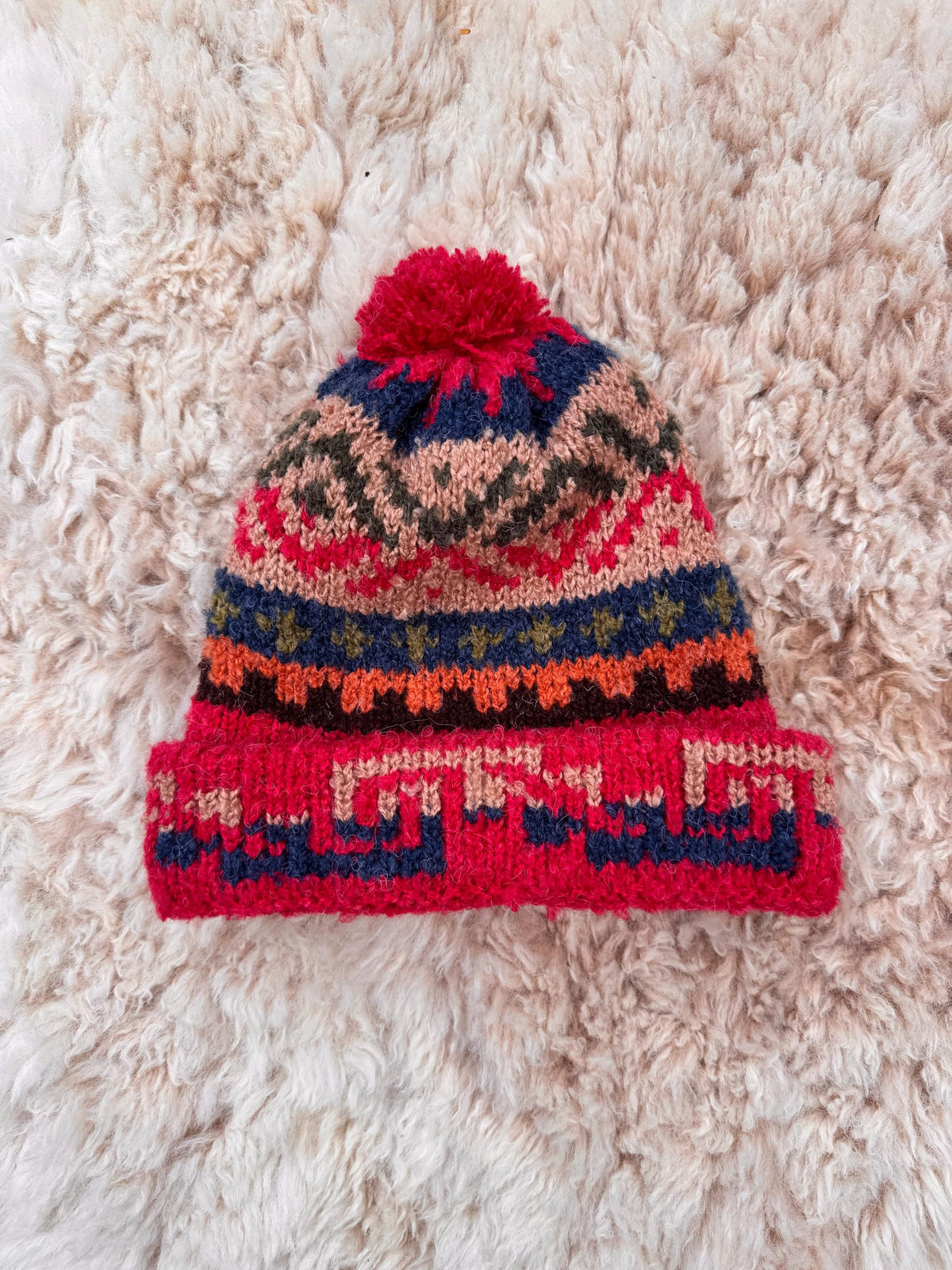 Raspberry Pink Fair Isle Alpaca Bobble Hat