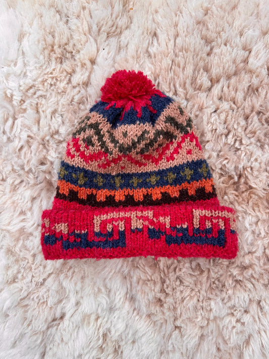 Raspberry Pink Fair Isle Alpaca Bobble Hat