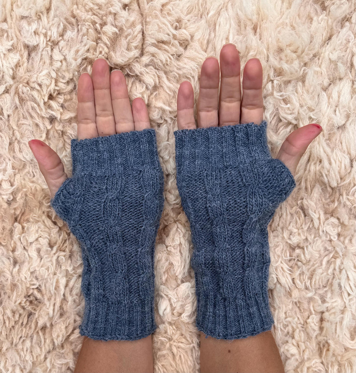 Denim Blue Cable Knit Alpaca Fingerless Gloves, photo 3