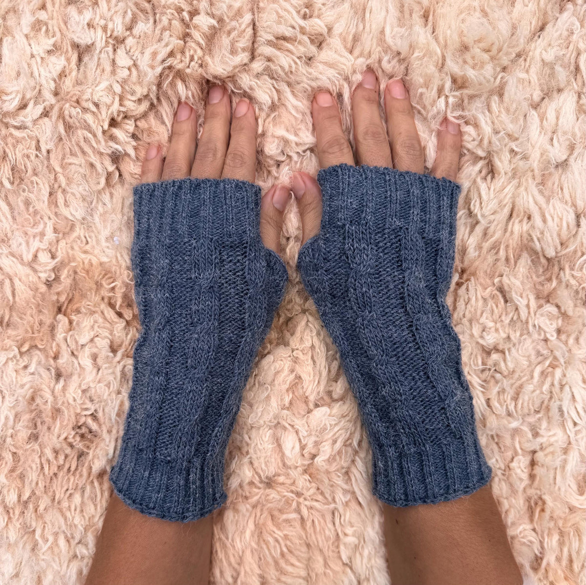 Denim Blue Cable Knit Alpaca Fingerless Gloves