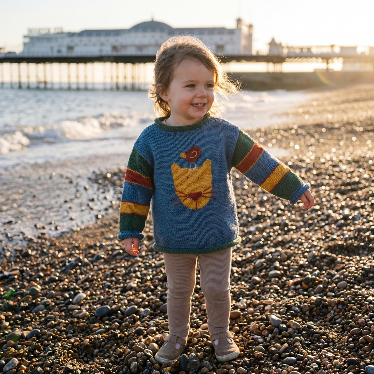 Denim Blue Cat & Bird Hand-Embroidered Alpaca Kids Jumper, photo 4