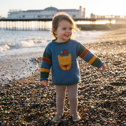 Denim Blue Cat & Bird Hand-Embroidered Alpaca Kids Jumper, photo 4