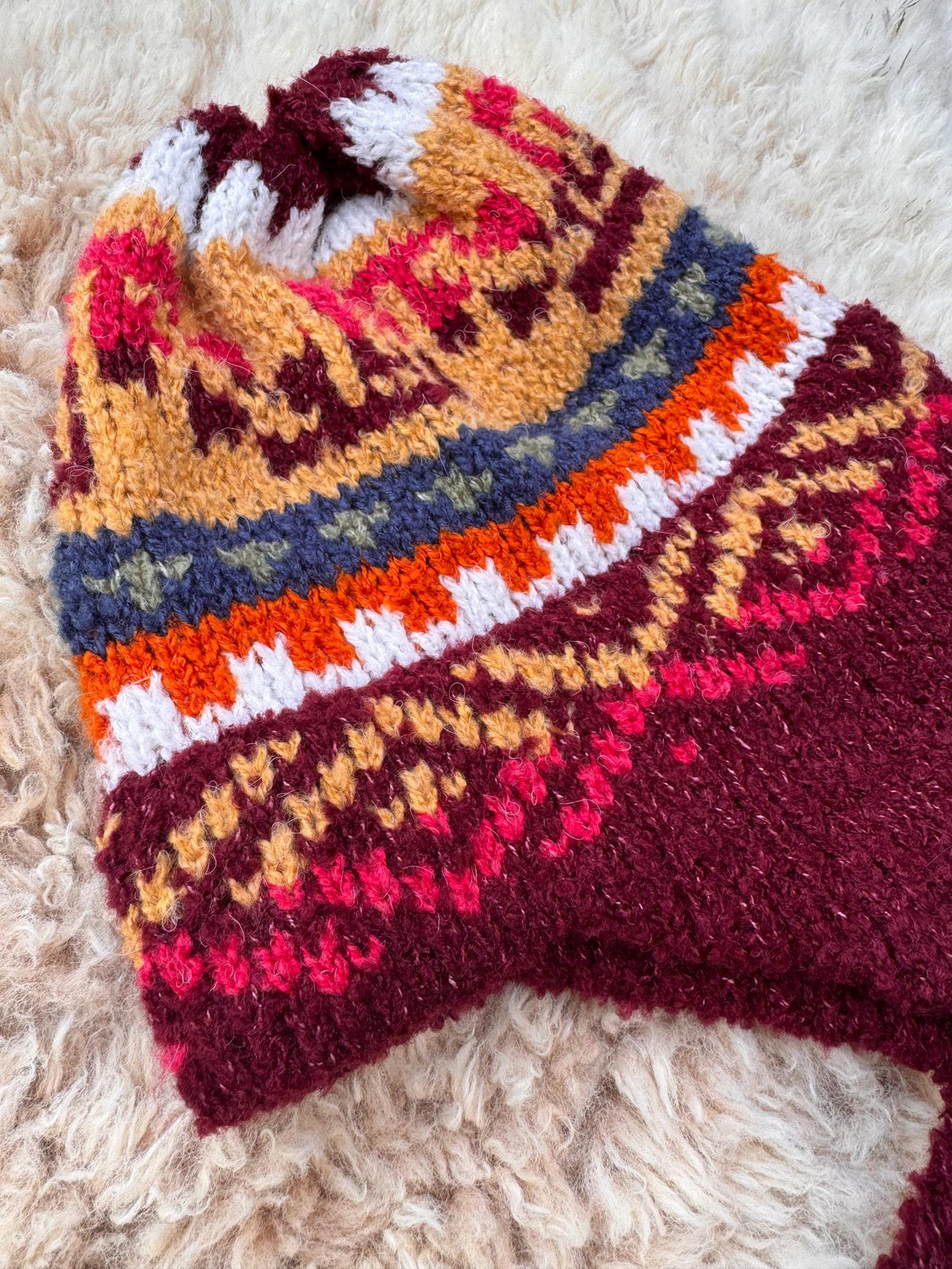 Burgundy Peruvian Alpaca Chullo Hat with Ear Flaps, photo 3