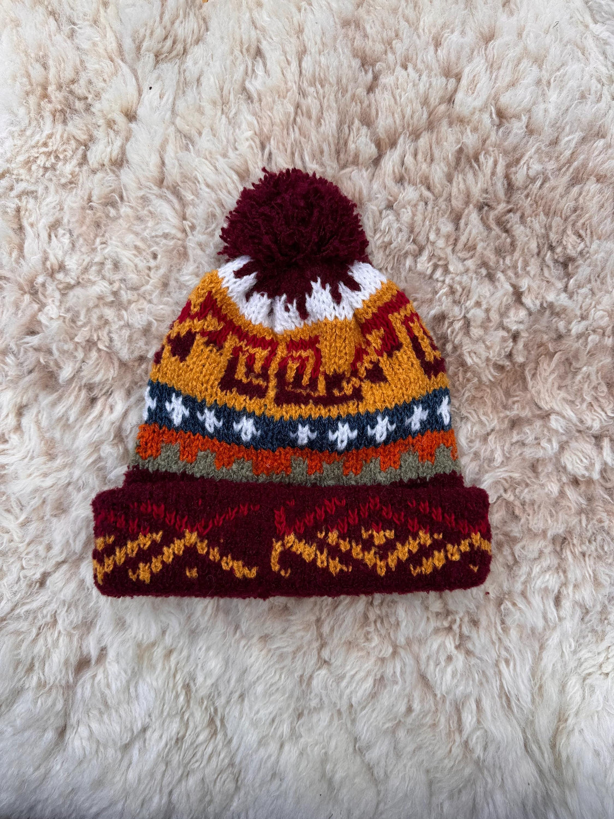 Burgundy Fair Isle Alpaca Bobble Hat