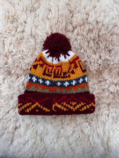 Burgundy Fair Isle Alpaca Bobble Hat