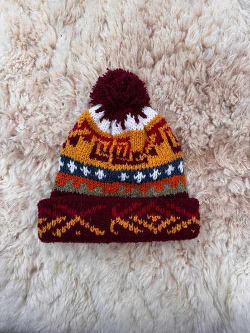 Burgundy Fair Isle Alpaca Bobble Hat