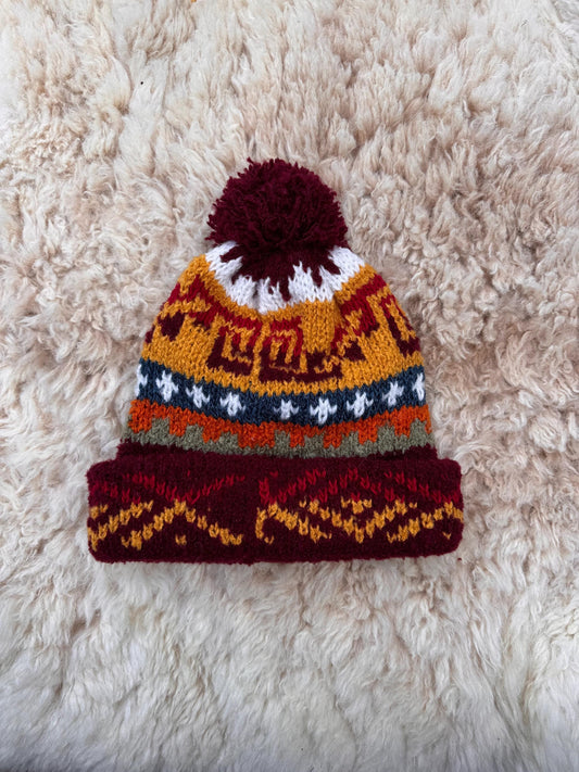 Burgundy Fair Isle Alpaca Bobble Hat
