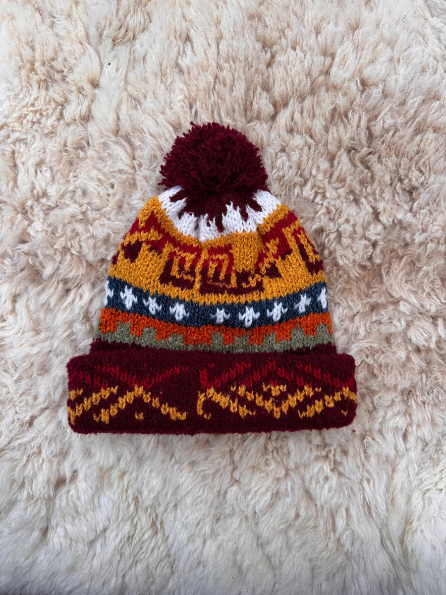 Burgundy Fair Isle Alpaca Bobble Hat