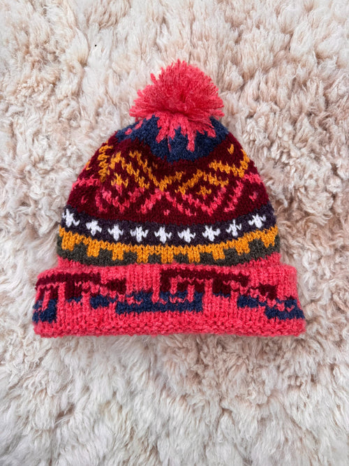 Salmon Pink Fair Isle Alpaca Bobble Hat