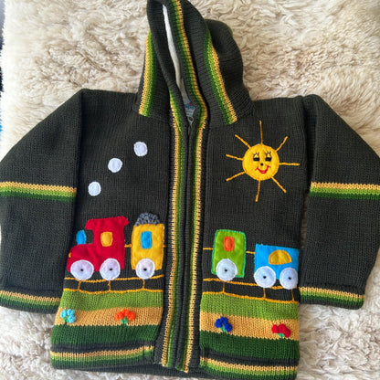Forest Green Train Appliqué Kids Cardigan
