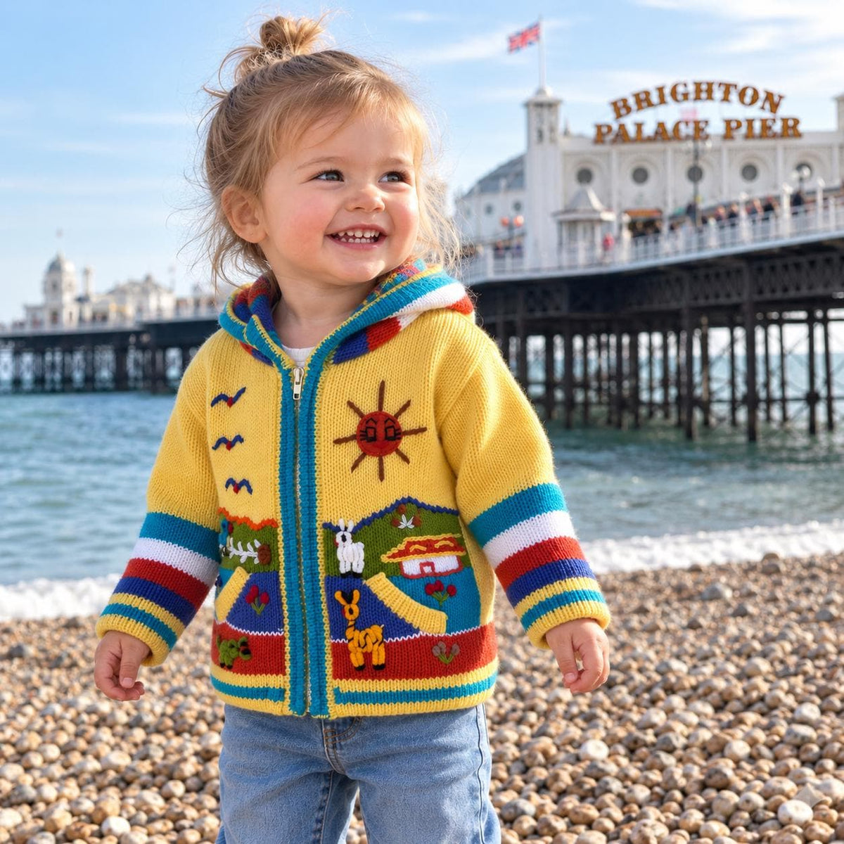 Sunshine Yellow Hand-Embroidered Fleece-Lined Kids Cardigan, photo 2