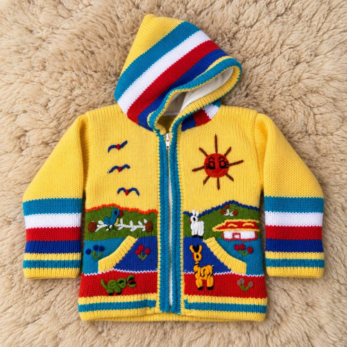 Sunshine Yellow Hand-Embroidered Fleece-Lined Kids Cardigan