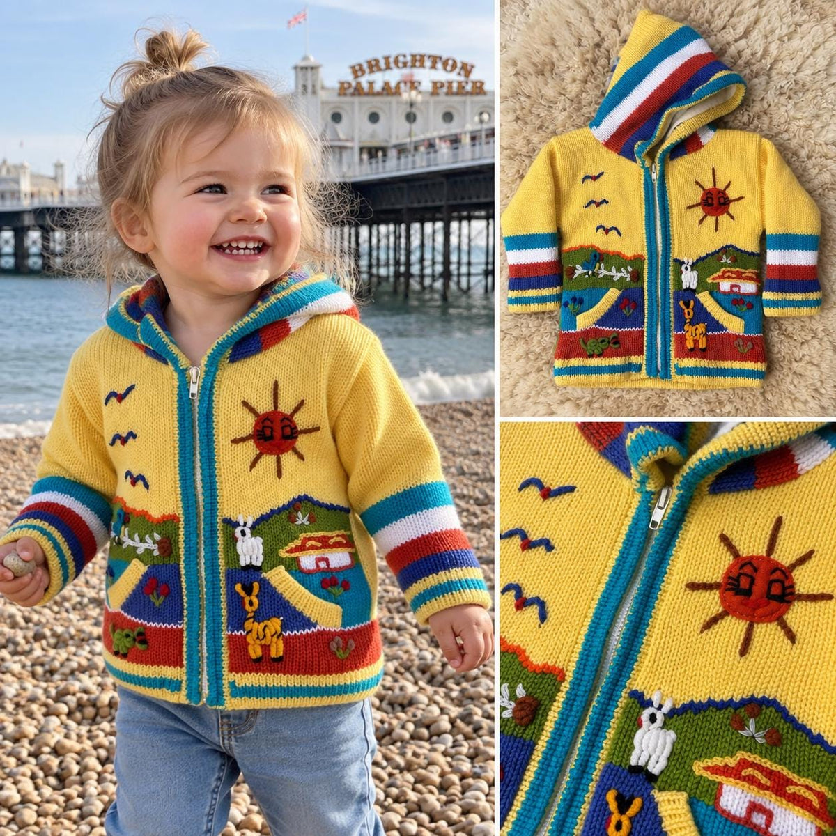Sunshine Yellow Hand-Embroidered Fleece-Lined Kids Cardigan, photo 4