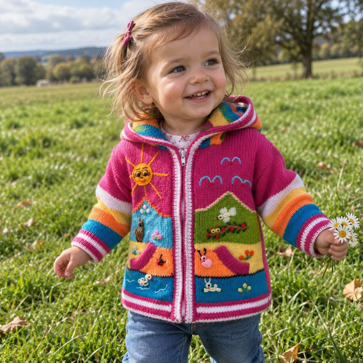 Hot Pink Rainbow Hand-Embroidered Fleece-Lined Kids Cardigan, photo 2