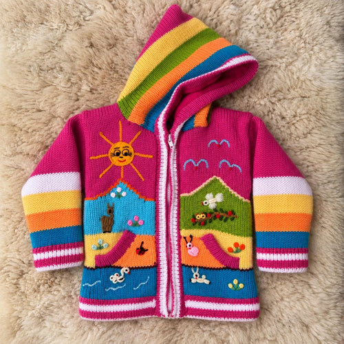 Hot Pink Rainbow Hand-Embroidered Fleece-Lined Kids Cardigan