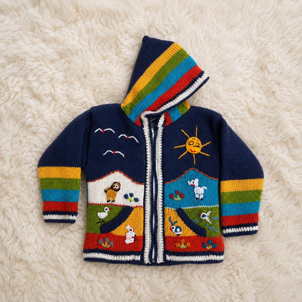 Navy Rainbow Hand-Embroidered Fleece-Lined Kids Cardigan