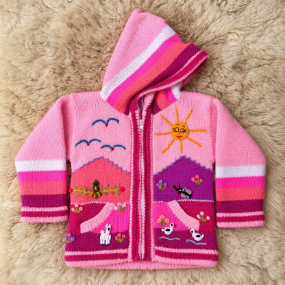 Candy Pink Hand-Embroidered Fleece-Lined Kids Cardigan