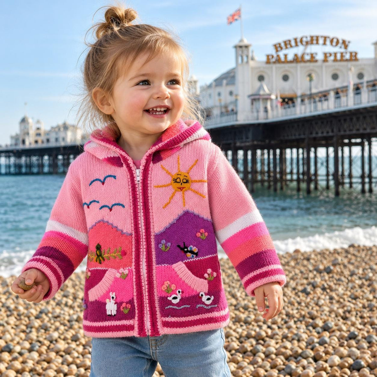 Candy Pink Hand-Embroidered Fleece-Lined Kids Cardigan, photo 2