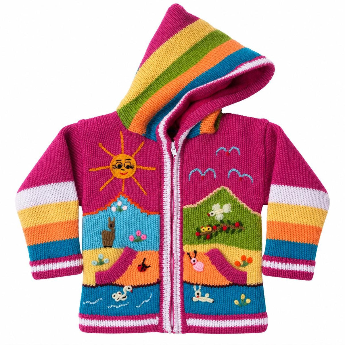 Hot Pink Rainbow Hand-Embroidered Fleece-Lined Kids Cardigan, photo 3