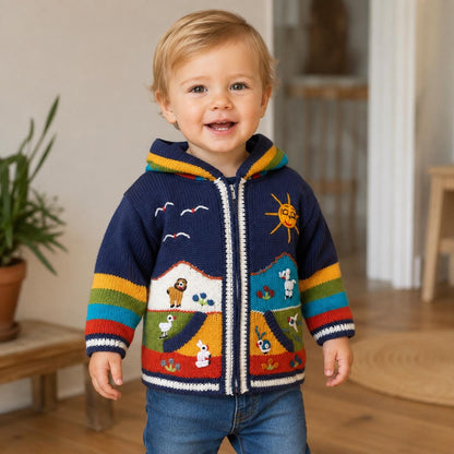 Navy Rainbow Hand-Embroidered Fleece-Lined Kids Cardigan, photo 2