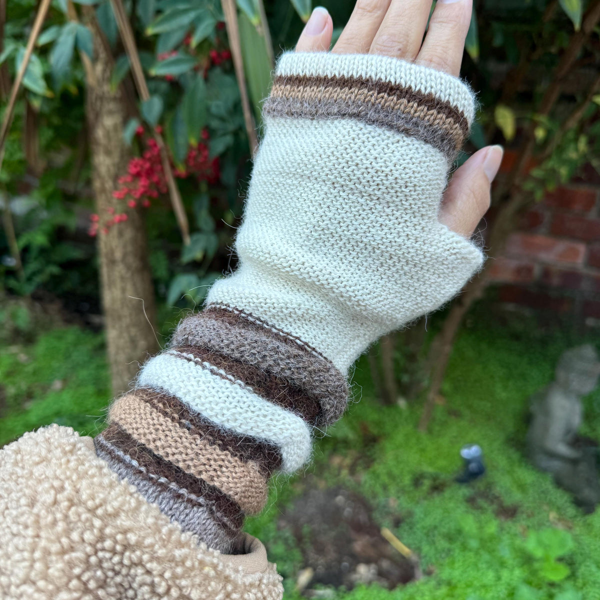 Cream Striped Cuff Baby Alpaca Fingerless Gloves, photo 4
