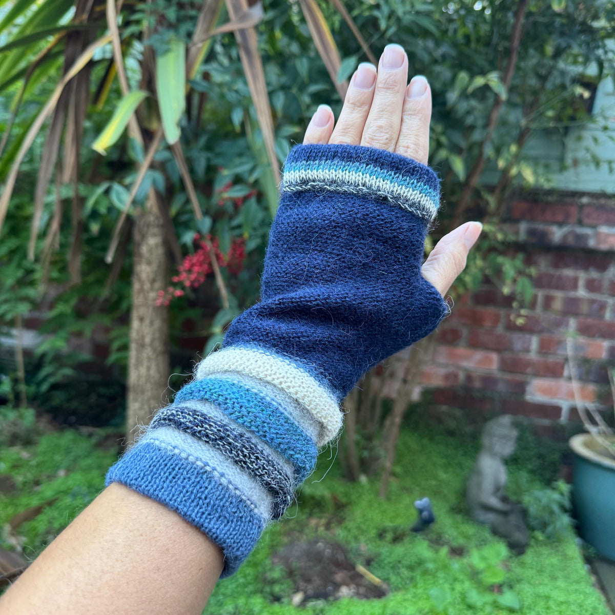 Navy & Sky Blue Striped Cuff Baby Alpaca Fingerless Gloves, photo 5