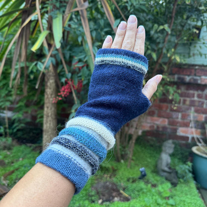 Navy & Sky Blue Striped Cuff Baby Alpaca Fingerless Gloves, photo 5