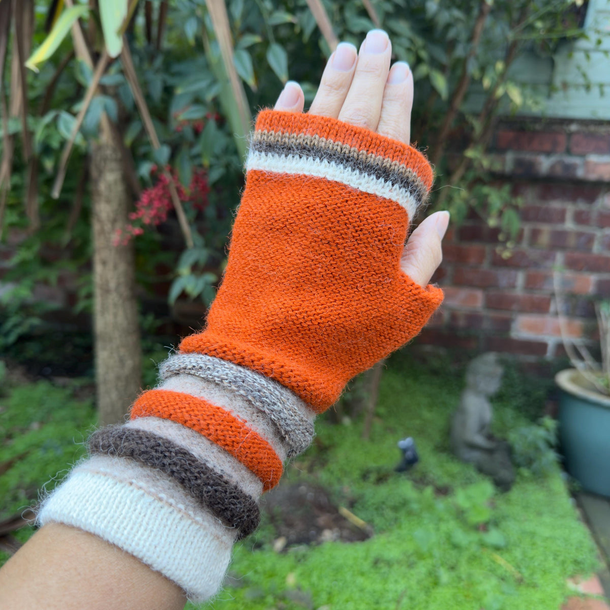 Terracotta Striped Cuff Baby Alpaca Fingerless Gloves, photo 4