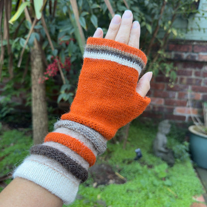 Terracotta Striped Cuff Baby Alpaca Fingerless Gloves, photo 4